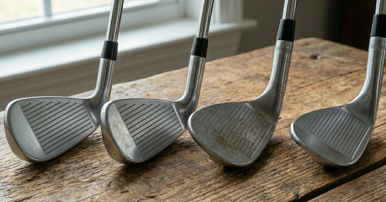 Links zwei Eisen mit weniger Loft im Vergleich zu zwei Wedges mit höherem Loft (rechts) (Bild: VcG, KI-Gemini)