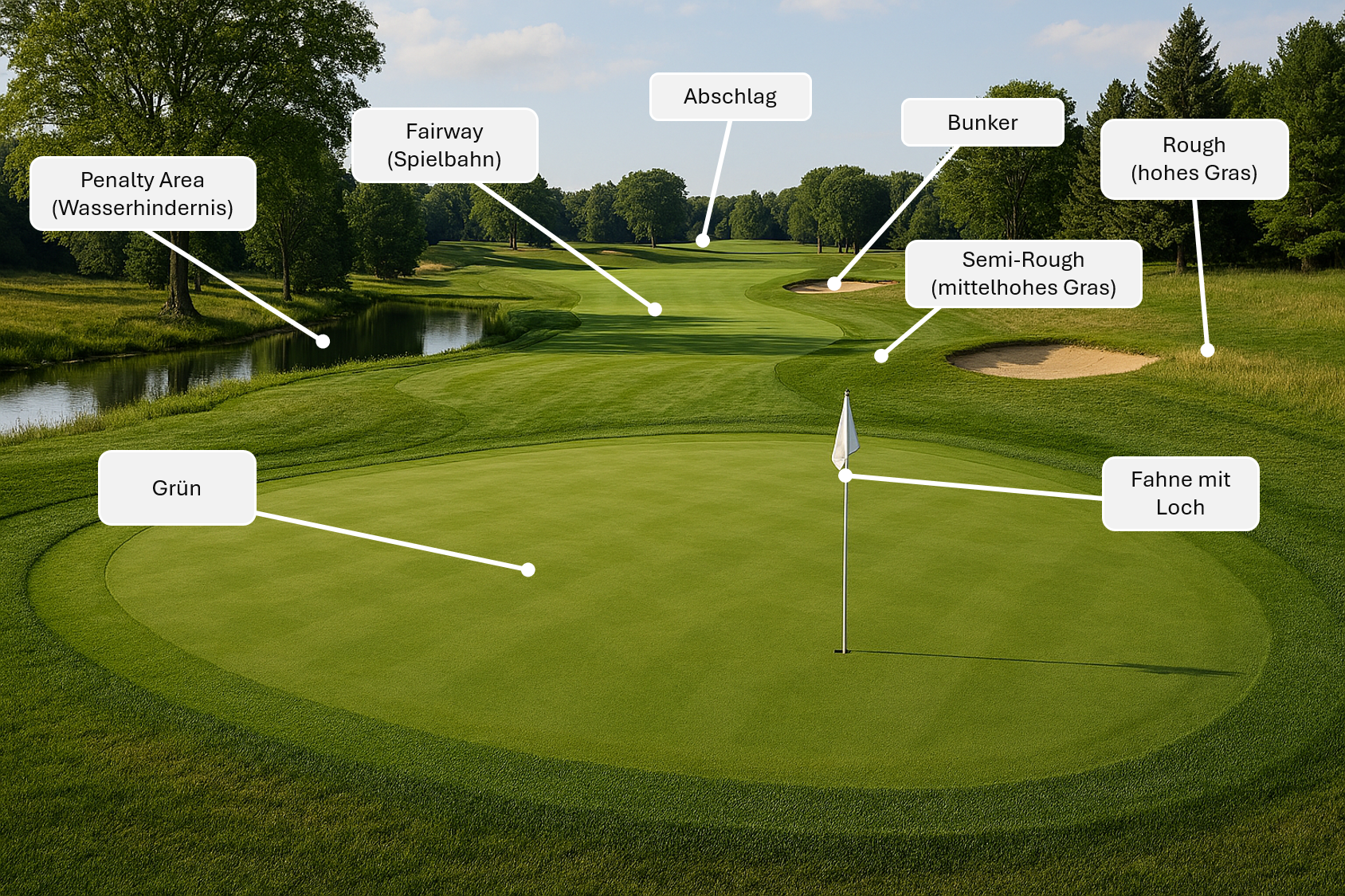 Die Elemente der Golfbahn (Foto: KI/Co-Pilot)